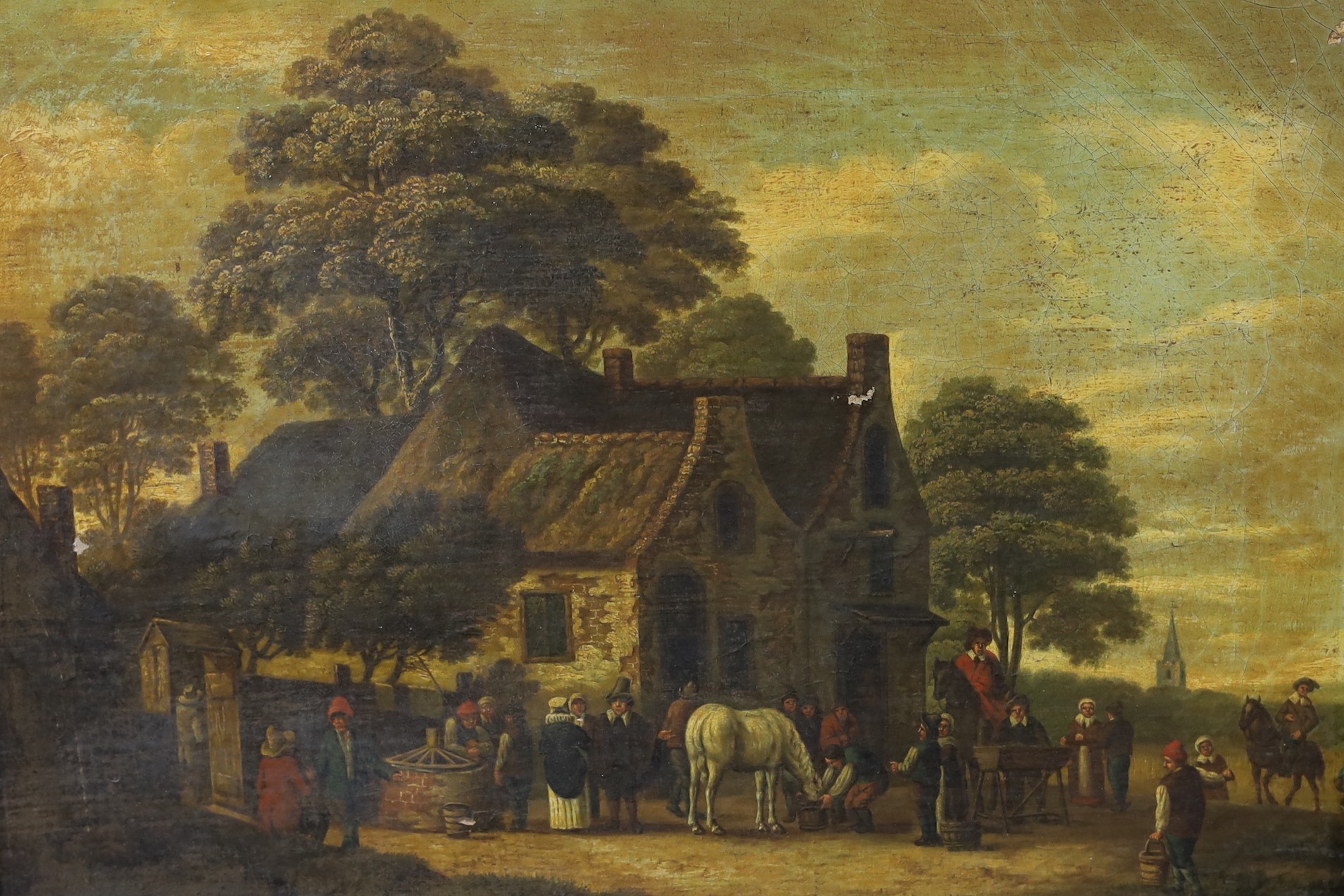 19th century Flemish School, oil on canvas, Figures outside a tavern, 49 x 69cm, unframed